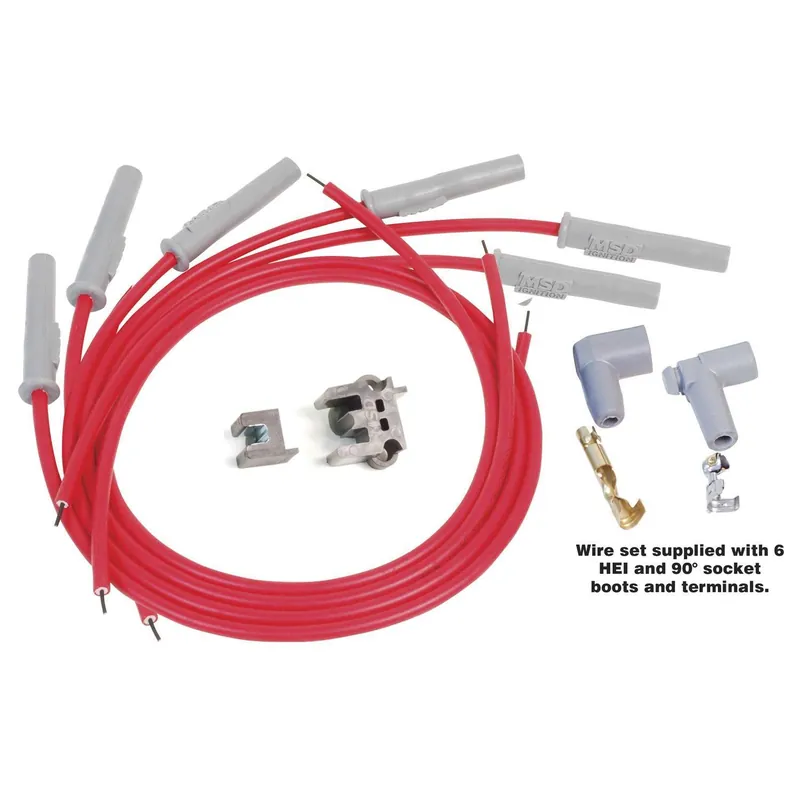 MSD Super Conductor Spiral Core 8.5 mm Spark Plug Wire Set - Red - Straight Plug Boots - HEI / Socket Style - Cut-To-Fit - 6-Cylinder Instant Buy